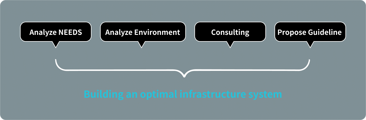 Building an optimal infrastructure system: Analyze NEEDS, Analyze Environment, Consulting, Propose Guideline
